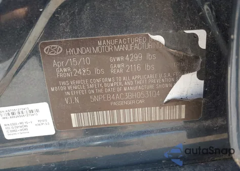 2011 Hyundai Sonata Gls z USA, uszkodzony, nr VIN 5NPEB4AC3BH053104